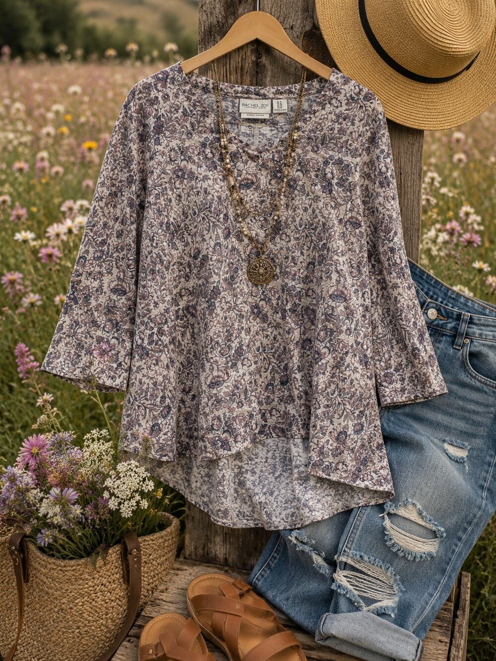 Rachel Zoe 100% Linen Floral High Low Top 1X Boho Cottagecore